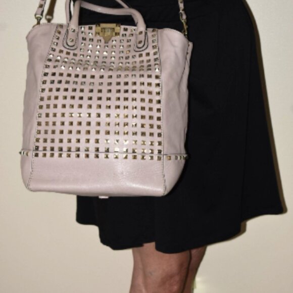 Valentino Garavani Rockstud Tan Lambskin Leather Tote Satchel Shoulder Handbag - Picture 1 of 8